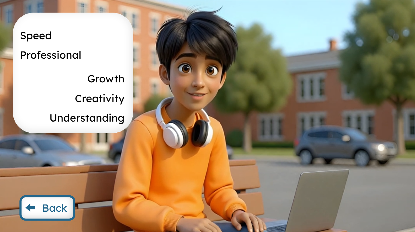 Student reflecting on speed, professionalism, growth, creativity, and understanding
