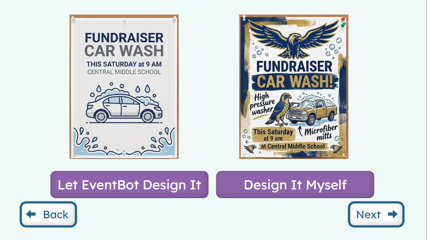 Student choosing whether to use a simulated AI assistant or design a fundraiser flyer independently