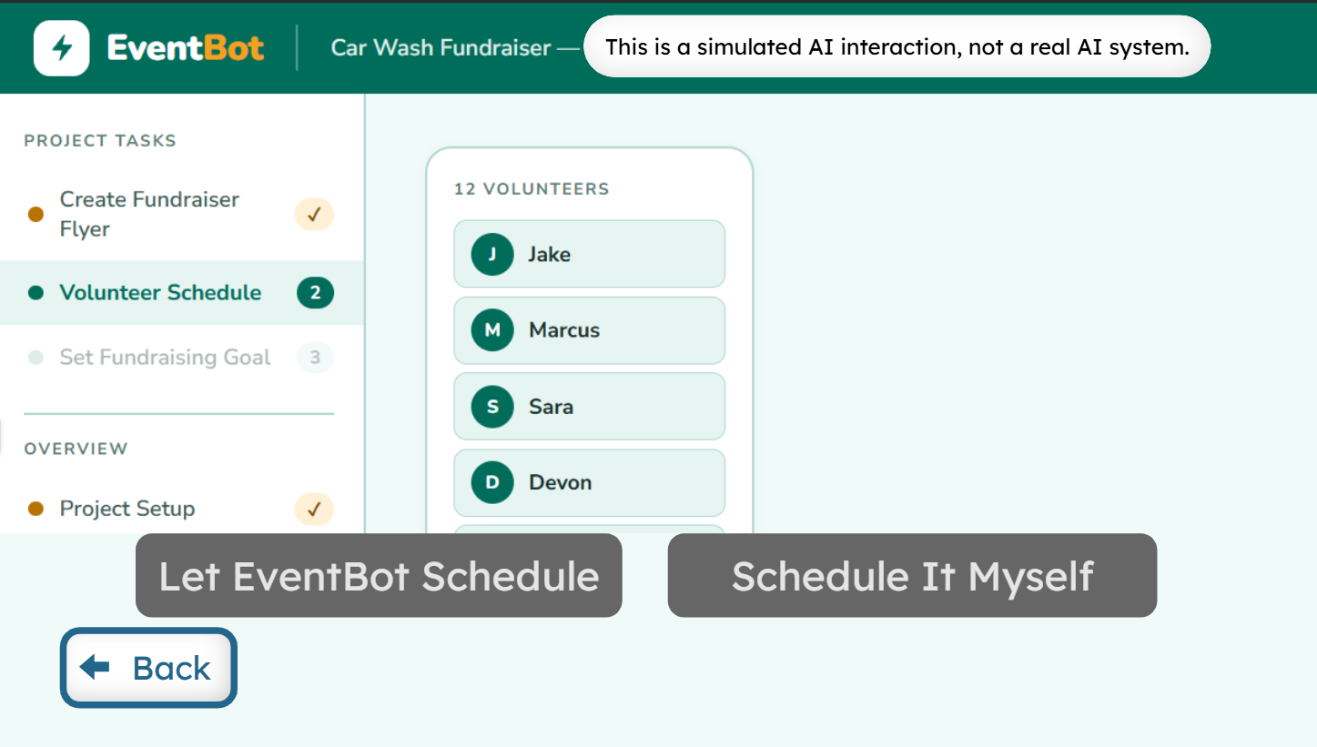 Student building a volunteer schedule for a fundraiser